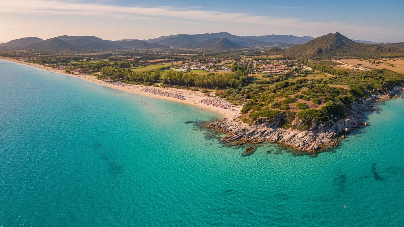 Il litorale di Costa Rei visto dall'alto, con il mare turchese e la macchia mediterranea